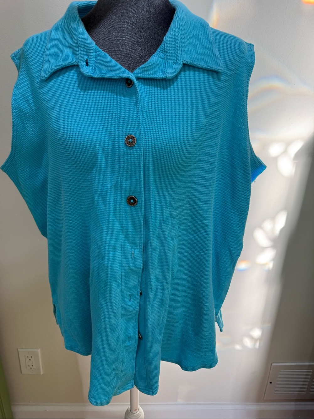Bobbie Brooks Sleeveless Button-Front Top in Turquoise Blue 95% cotton 5%spandex